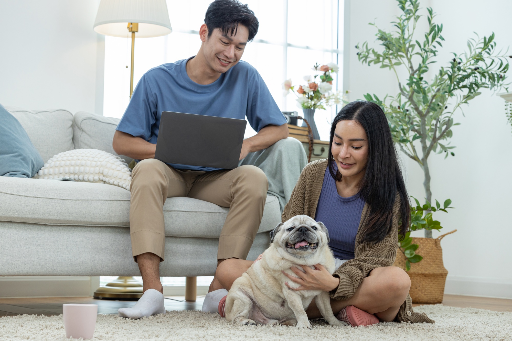 Couple Working and Bonding with Pet Dog
