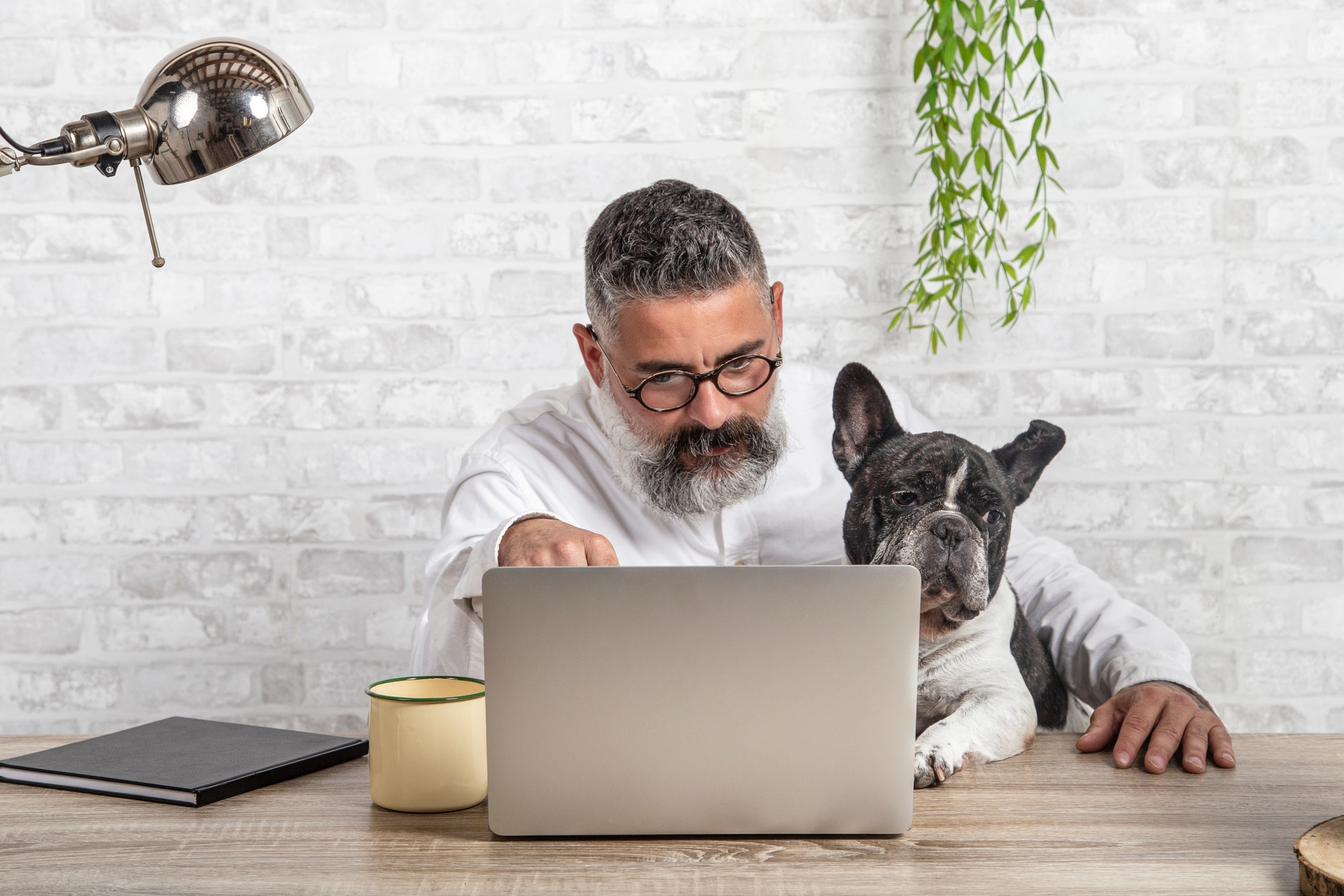Freelance man working from home with his dog sitting together in office